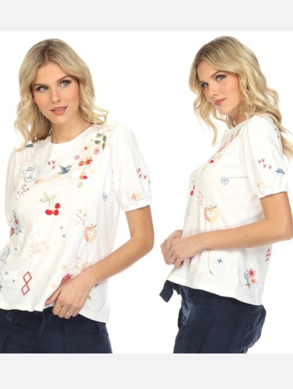 Johnny Was Embroidered Puff Sleeve Top White Cotton Floral Bird Art Tee Size L